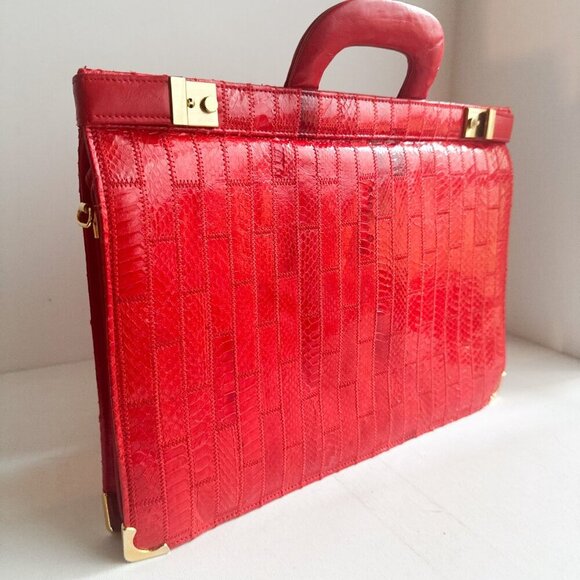 Vintage Amiet Patchwork Snakeskin Bright Red Briefcase Office Document Case - Picture 7 of 8